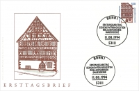 Vorderansicht - Ersttagsbrief - 550 Pfennig Briefmarke zeigt Rathaus Suhl-Heinrichs, 1994 - Sehenswürdigkeiten Rathaus Suhl-Heinrichs, Rollenmarken-Dauerserie Erstausgabetag 11.08.1994