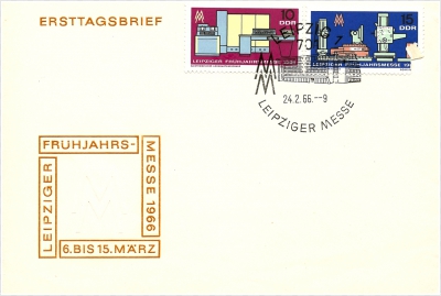 Briefmarke der Leipziger Messe zeigt Elektronischer Lochkartenrechner sowie Bohr- und Fräswerk vom 6. bis 15. März