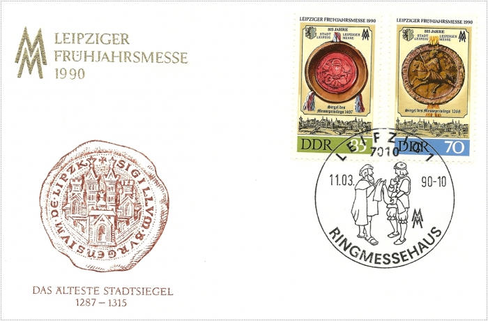 Vorderansicht - Ersttagsbrief - Leipziger Frühjahrsmesse, 1990 - Briefmarken auf Ersttagsbrief würdigen 825 Jahre Leipzig Sonderstempel mit Ringmessehaus