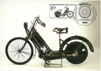 Vorderansicht - Motorrad von Hildebrand und Wolfmüller 1894, Für die Jugend, Motorräder 1983 - Jugendmarken - Historische Motorräder 50+20 Pfennige Deutsche Bundespost Berlin