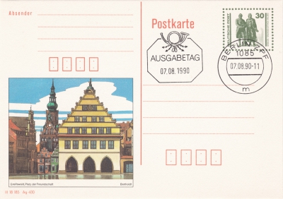 30 Pfennig - Greifswald und Goethe-Schiller-Denkmal (Ersttagsstempel), 1990