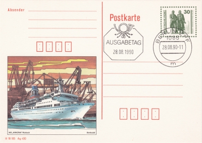 30 Pfennig - MS Arkona und Goethe-Schiller-Denkmal (Ersttagsstempel), 1990