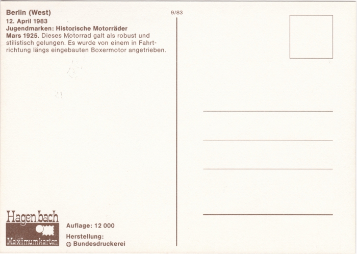 Rückansicht - Motorrad von Mars 1925, Für die Jugend, Motorräder 1983 - Jugendmarken - Historische Motorräder Erstausgabetag 12.04.1983
