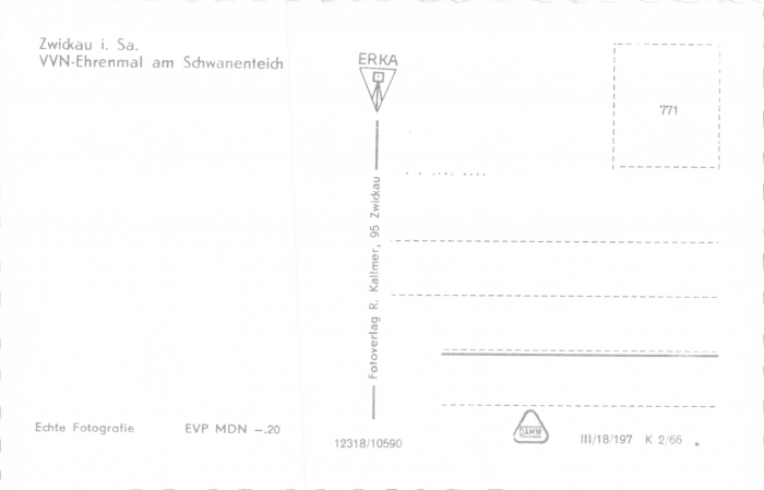 Rückansicht - Zwickau - VVN-Ehrenmal am Schwanenteich, 1966 - Ehrenmal Vereinigung der Verfolgten des Naziregimes am Schwanenteich ungelaufen, Rückseite leer!