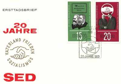 Vorderansicht - Ersttagsbrief - 20 Jahre SED - Vaterland - Frieden - Sozialismus 15 Pf DDR Briefmarke - Manifest der kommunistischen Partei