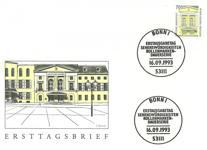 Vorderansicht - Ersttagsbrief - 700 Pfennig Briefmarke zeigt Deutsches Theater Berlin, 1993 - Sehenswürdigkeiten Deutsches Theater (Berlin), Rollenmarken-Dauerserie Erstausgabetag 16.09.1993