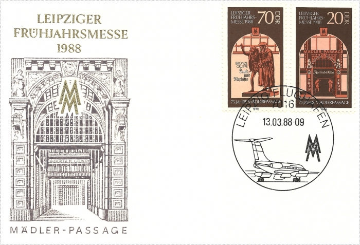 Vorderansicht - Ersttagsbrief - Leipziger Frühjahrsmesse, 1988 - Leipziger Messe mit Mädler-Passage zum 75 jährigem Jubiläum Sonderstempel mit Leipziger Flughafen!