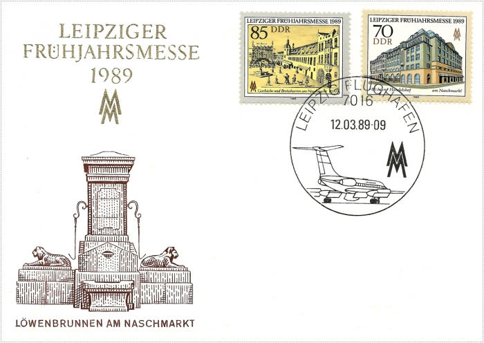 Vorderansicht - Ersttagsbrief - Leipziger Frühjahrsmesse, 1989 - Leipziger Messe mit Löwenbrunnen am Naschmarkt Sonderstempel mit Leipziger Flughafen!