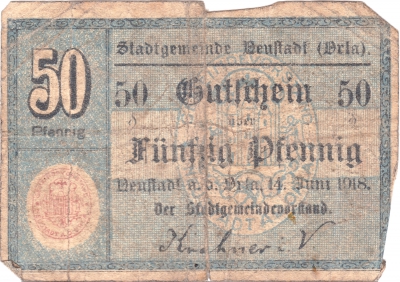 Gutschein über Fünfzig Pfennig, Neustadt a.d. Orla