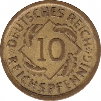 Vorderansicht - 10 Reichspfennig 1936 D - Münze des Dritten Reichs geprägt in München, Deutschland
