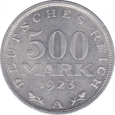 Vorderansicht - 500 Mark Münze, 1923 - Inflationsgeld der Weimarer Republik 1923 A geprägt in Berlin, Deutschland