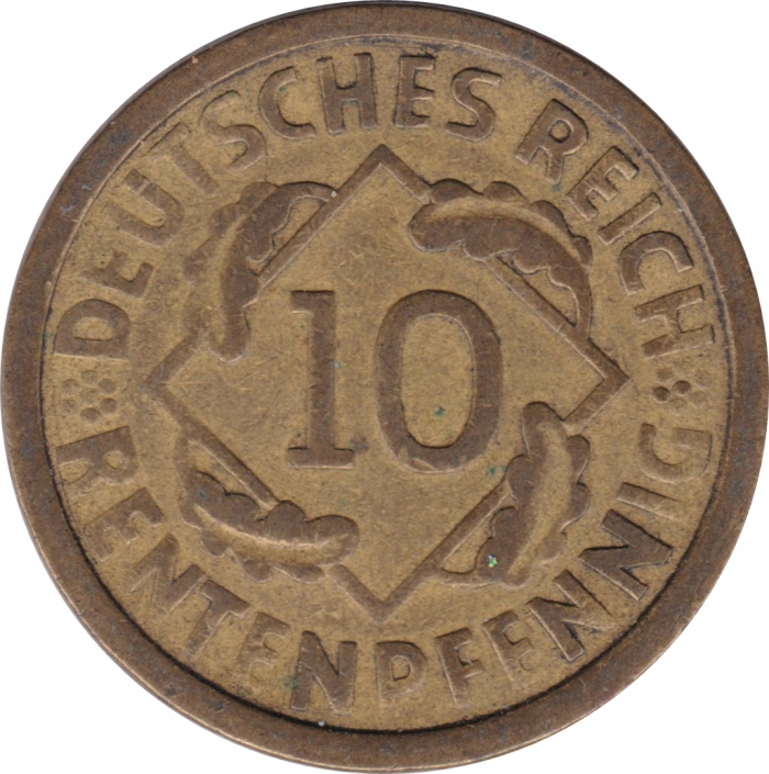 Vorderansicht - 10 Rentenpfennig 1924 A - Münze der Weimarer Republik geprägt in Berlin, Deutschland