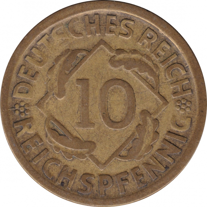 Vorderansicht - 10 Rentenpfennig 1924 D - Münze der Weimarer Republik geprägt in München, Deutschland