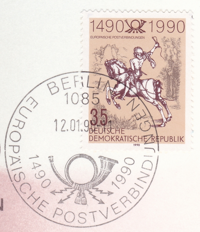 Detailansicht - 500 Jahre Postwesen - Philatelistisches Gedenkblatt - 1490 - 1990 Europäische Postverbindung DDR, Gedenkblatt "500 Jahre internationale Postverbindungen in Europa" 