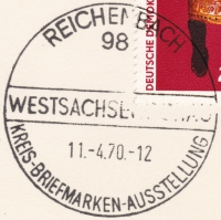 Stempel - Westsachsenschau Reichenbach Vogtland, 1970 - Postkarte zur Kreis-Briefmarken-Ausstellung vom 11. und 12. April 1970 gut erhalten!