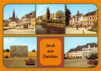 Vorderansicht - Ansichtskarte - Gruß aus Zwickau, 1985 - sehr schöne 5 unterschiedliche Stadtansichten von Zwickau Hauptmarkt, Wilhelm-Pieck-Straße, Dr.-Friedrichs-Ring mit Blick zur Fußgängerzone Innere Plaunensche Straße, VVN-Mahnmal, Am Hauptmarkt