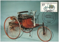 Vorderansicht - Auto von Benz das dreirädriges Velocipes mit Motor 1886, Für die Jugend, 1982 - Jugendmarken - Historische Autos 40+20 Pfennige Deutsche Bundespost Bonn