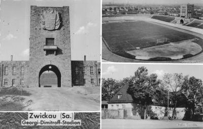 Ansichtskarte zeigt Haupteingang, Gesamtansicht, Stadium-Gaststätte