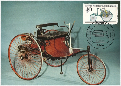 Vorderansicht - Auto von Benz das dreirädriges Velocipes mit Motor 1886, Für die Jugend, 1982 - Jugendmarken - Historische Autos 40+20 Pfennige Deutsche Bundespost Bonn