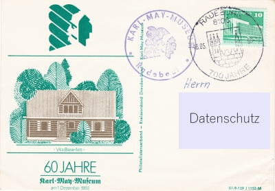 Vorderansicht - Postkarte - 60 Jahre Karl-May-Museum in Radebeul, 1988 1. Sonderstempel Karl-May-Museum