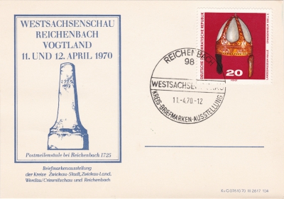 Vorderansicht - Westsachsenschau Reichenbach Vogtland, 1970 - Postkarte zur Kreis-Briefmarken-Ausstellung vom 11. und 12. April 1970 Sonderstempel zur Westsachsenschau Reichenbach