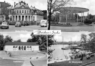 Vorderansicht - Zwickau - Mokka-Milchbar, Freilichtbühne uvm., 1972 - Mokka-Milchbar, Musiktempel, Freilichtbühne und Schwanenteich Echte Fotografie