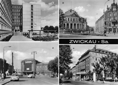 Vorderansicht - Zwickau - Mokka-Milchbar, Ingenieurhochschule uvm., 1978 - Internat der Ingenieurhochschule, Hauptbahnhof, Milchbar am Schumannplatz, Hotel Stadt Zwickau Echte Fotografie