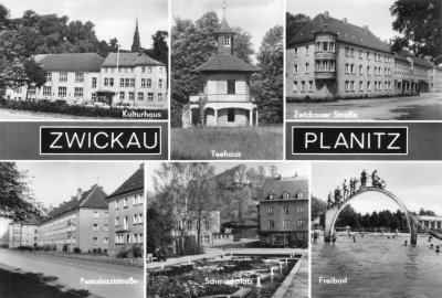 6 Motive, wie das Kulturhaus, Teehaus, Zwickauer Straße, Pestalozzistraße, Schmuckplatz und Freibad