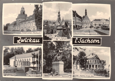 Vorderansicht - Zwickau - Städt. Museum, Dom, Gewandhaus uvm., 1965 - weitere Motive sind Freilichtbühne, Robert-Schumann-Denkmal und die Mokka-Bar Echtes Foto (Handabzug)