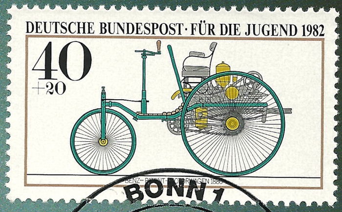 Detailansicht - Auto von Benz das dreirädriges Velocipes mit Motor 1886, Für die Jugend, 1982 - Jugendmarken - Historische Autos sehr guter Zustand