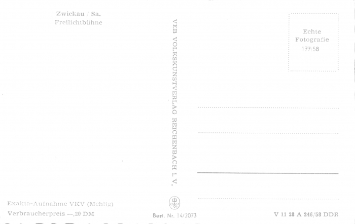 Rückansicht - Ansichtskarte Zwickau - Freilichtbühne, 1958 - alte Schwarz-Weiß-Postkarte Postkarte sehr selten!