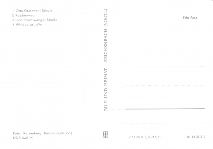 Rückansicht - Ansichtskarte Zwickau - Marienthal, 1981 - Otto-Grotewohl-Schule, Rotdornweg, Lion-Feuchtwangen-Straße, Windbergstraße ungelaufene Ansichtskarte, Rückseite leer!