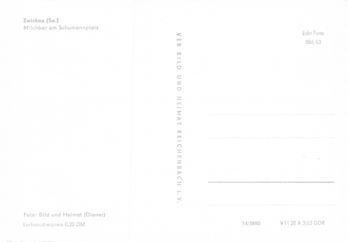 Rückansicht - Ansichtskarte Zwickau - Mocca-Milchbar am Schumannplatz, 1963 - Ansichtskarte zum Kaufen Postkarte sehr selten!