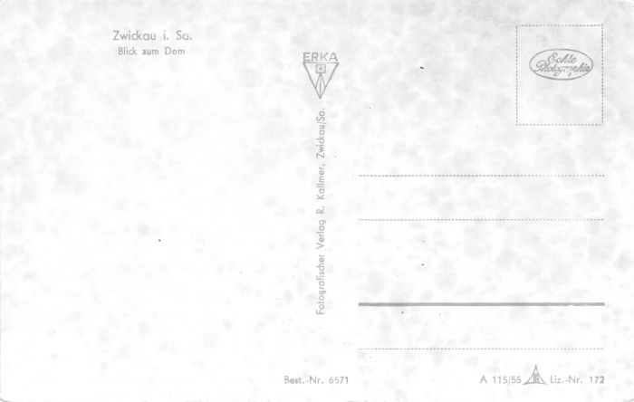 Rückansicht - Ansichtskarte Zwickauer Dom, 1955 - Blick zum Dom ungelaufen, Rückseite leer!