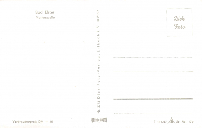 Rückansicht - Bad Elster - Marienquelle, Postkarte 1957 - sehr seltene Ansichtskarte Karton, s/w-Abzug