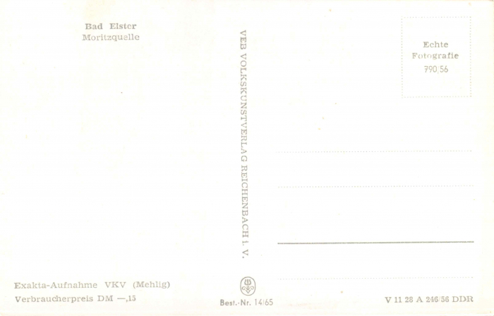 Rückansicht - Bad Elster - Moritzquelle, Postkarte 1956 - sehr seltene Ansichtskarte Karton, s/w-Abzug