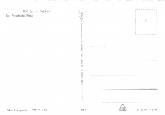 Rückansicht - Dr.-Friedrichs-Ring Zwickau, 1968 - Dr.-Friedrichs-Ring mit Ringkaffee und Klubhaus ungelaufen, Rückseite ist leer