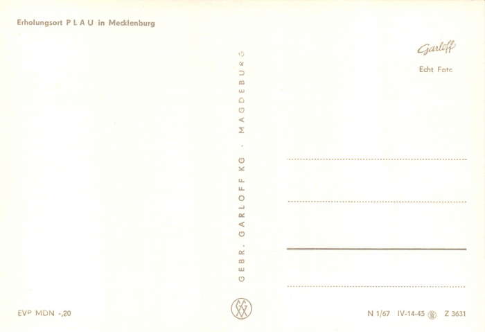 Rückansicht - Erholungsort Plau in Mecklenburg, Postkarte 1967 - Echt Foto Karton, s/w-Abzug