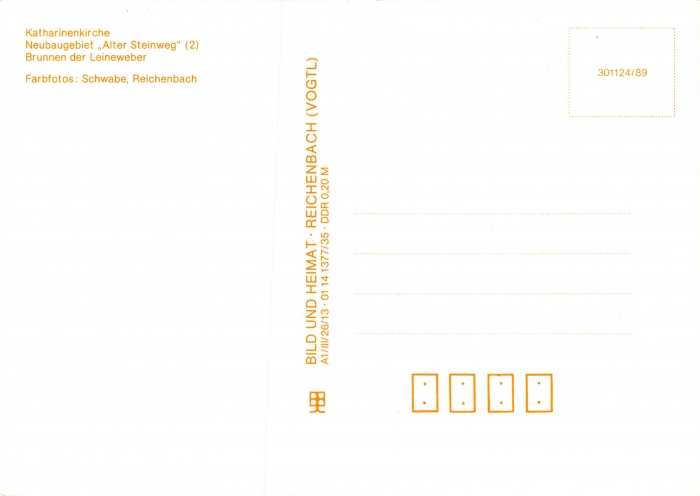 Rückansicht - Grüße aus Zwickau - Ansichtskarte, 1989 - Katharinenkirche, Neubaugebiet Alter Steinweg, Brunnen der Leineweber ungelaufen, Rückseite ist leer