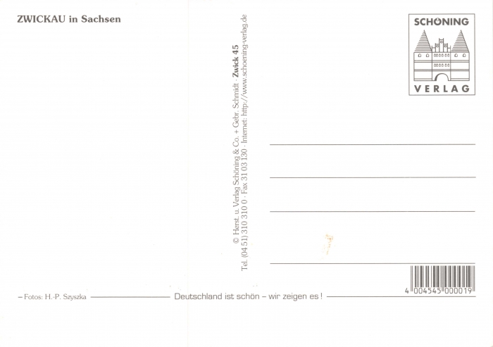 Rückansicht - Grüße aus Zwickau in Sachsen, Zwick 45, ca. 2005 - Gewandhaus und Rathaus, Paradiesbrücke, Robert-Schumann-Haus, Dünnebierhaus, Schiffchen, Hauptmarkt, Pulverturm ungelaufen, Rückseite leer!