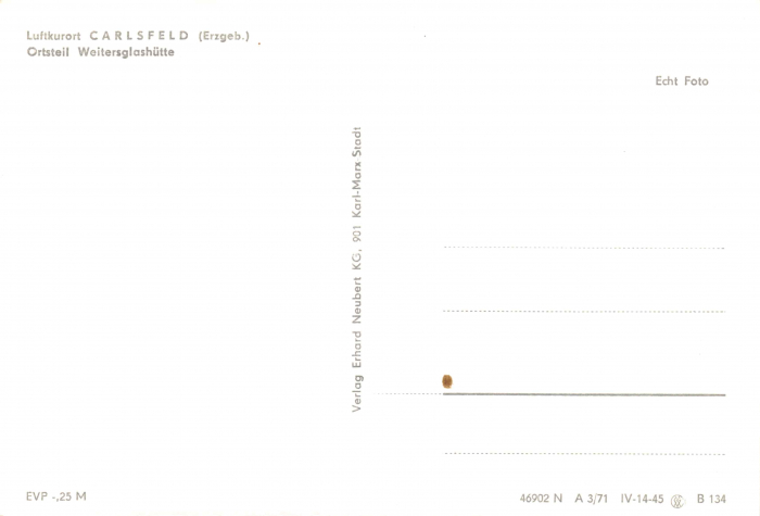 Rückansicht - Luftkurort Carsfeld, Postkarte 1971 - Ortsteil Weitersglashütte Karton, s/w-Abzug