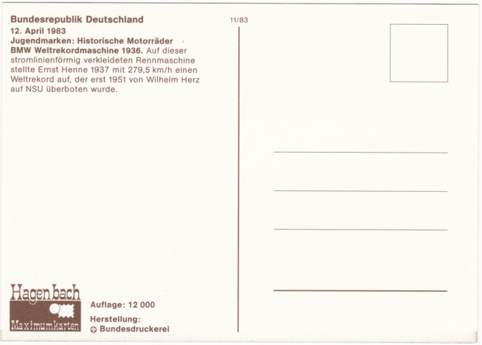 Rückansicht - Motorrad von BMW Weltrekordmaschine 1936, Für die Jugend, Motorräder 1983 - Jugendmarken - Historische Motorräder Erstausgabetag 12.04.1983