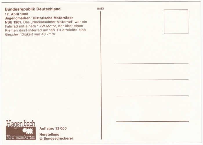 Rückansicht - Neckarsulmer Motorrad von NSU 1901 - Für die Jugend, Motorräder 1983 - Jugendmarken - Historische Motorräder Erstausgabetag 12.04.1983