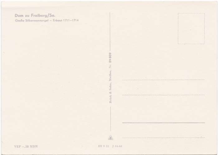 Rückansicht - Postkarte - Freiberg Silbermann Orgel, 1964 - Freiberger Dom - Große Silbermannorgel, Erbaut 1711-1714 Leere Rückseite!