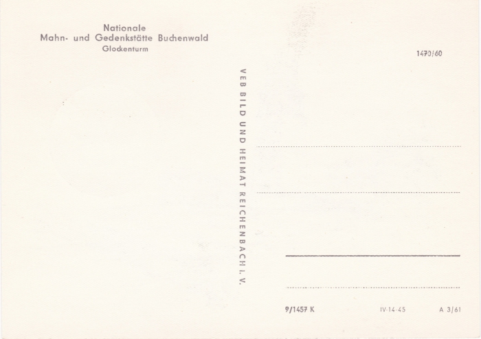 Rückansicht - Postkarte - Nationalen Gedenkstätte Buchenwald, Weimar - Briefmarke 20 + 80 Pfennig DDR, Glockenturm Buchenwald sehr selten!