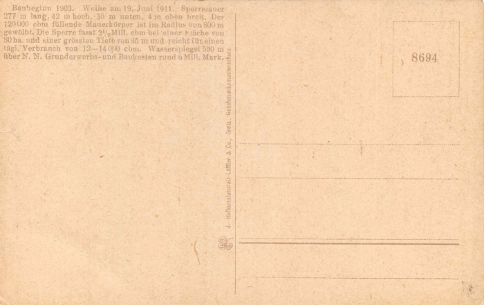 Rückansicht - Talsperre der Stadt Plauen im Vogtland, Postkarte 1912 - sehr seltene Ansichtskarte Karton, s/w-Abzug