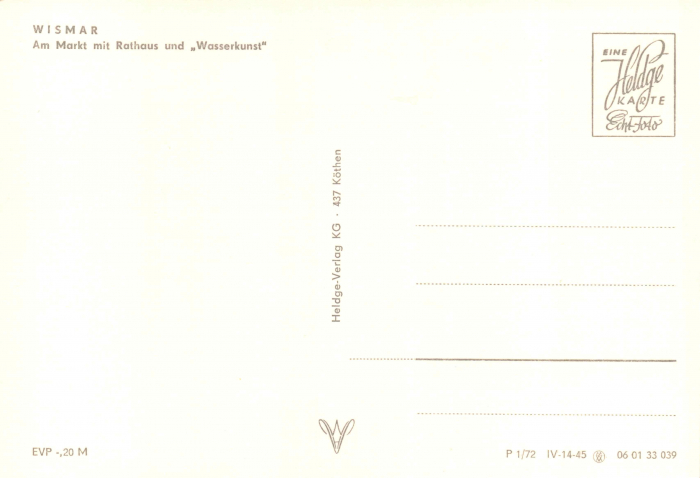 Rückansicht - Wismar, Postkarte 1974 - Am Markt mit Rathaus & Wasserkunst Karton, s/w-Abzug