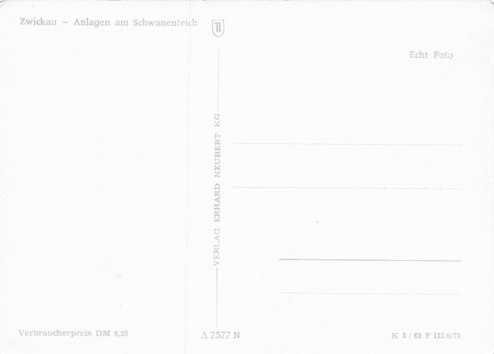 Rückansicht - Zwickau -  Anlagen am Schwanenteich, 1962 - Ansichtskarte zum Kaufen ungelaufen, Rückseite leer!