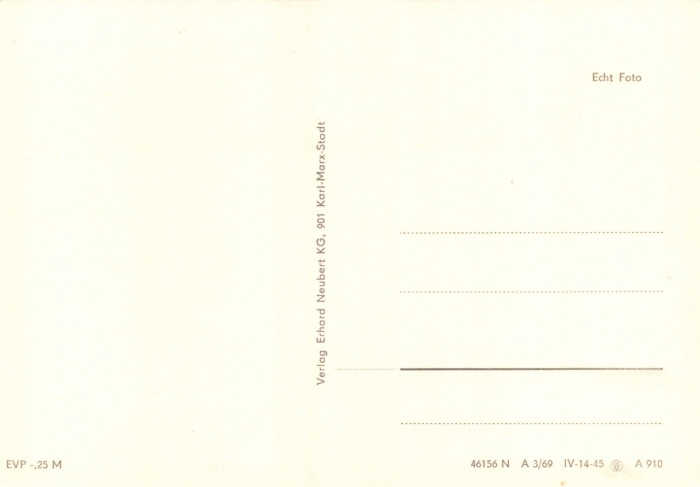 Rückansicht - Zwickau - Ansichtskarte, 1969 - Markt, Mokka-Milch-Bar, Schwanenteich, Ringkaffee ungelaufen, Rückseite ist leer