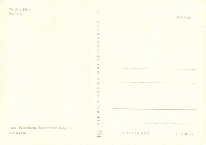 Rückansicht - Zwickau - Ansichtskarte Rathaus, 1973 - Ansichtskarte vom Rathaus zum Kaufen ungelaufen, Rückseite ist leer